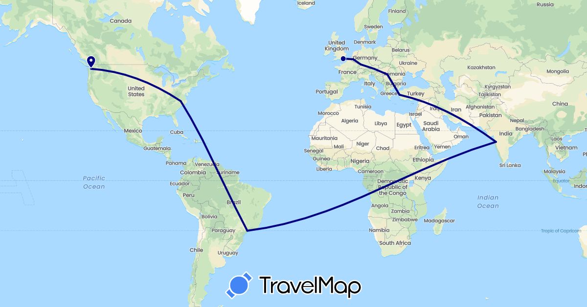 TravelMap itinerary: driving in Belgium, Brazil, Germany, United Kingdom, India, Romania, Turkey, United States (Asia, Europe, North America, South America)